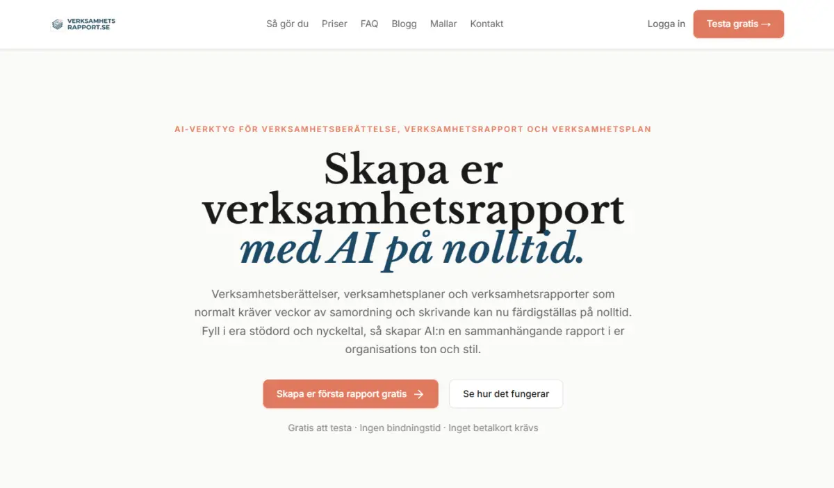 Skärmbild av verksamhetsrapport.se
